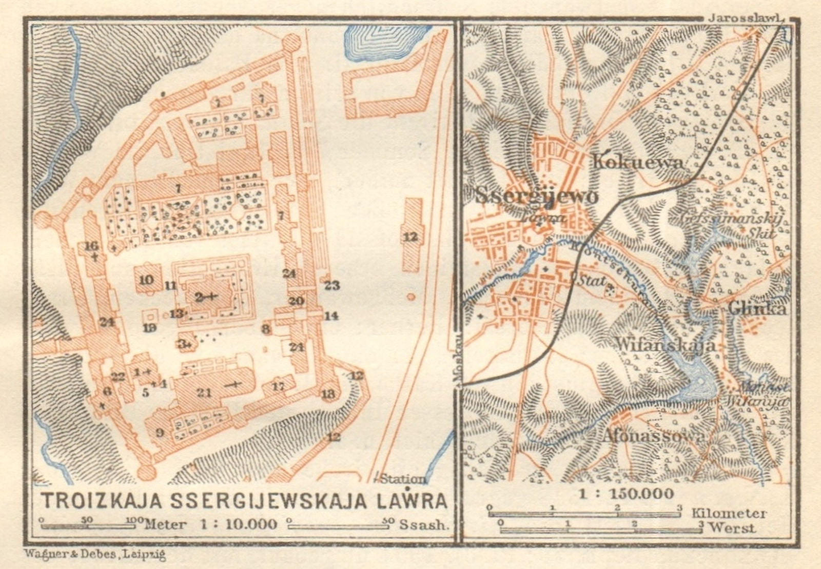 Trinity Lavra of St. Sergius Monastery Sergiyev Posad Russia VERY SMALL 1912 map